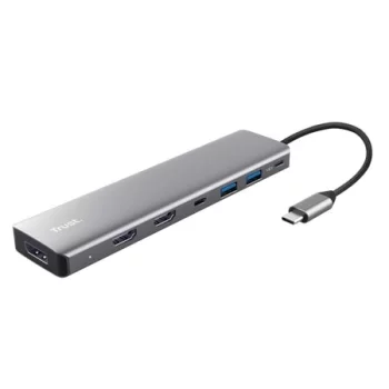 Адаптер Trust Dalyx 7in1 USB-C> 2xUSB-А 3.2/2xUSB-С/2xHDMI/Display Port, Алюміній, 0.16м, Сірий