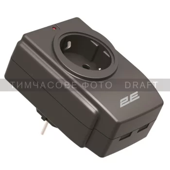Мережевий адаптер 2E 1XSchuko із захистом від сплесків напруги, 2*USB-A, чорний
