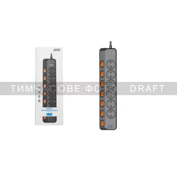 Подовжувач-фільтр мережевий 2E 6xТип F, 3x1.5мм кв, 16A, з захистом від перенапруги, 2xUSB-A, 1x USB-C, 3м, чорний