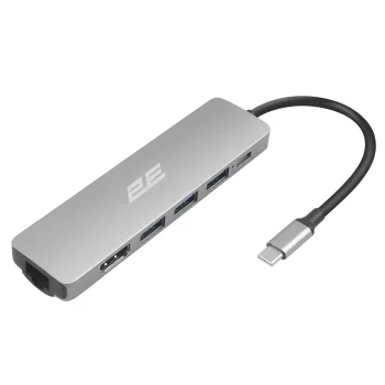 Хаб 2E USB-С > 2хUSB-A 2.0/USB-A 3.0/USB-C PD/HDMI/Ethernet, 0.15м, сірий