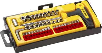 Біти TOPEX, Т-подібний бітотримач, перехідники 3шт, торцеві головки 18шт, SL,PH,PZ,H,T, кейс, набір 41шт