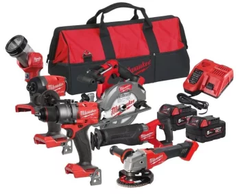 Набір із шести акумуляторних інструментів Milwaukee M18 FPP6G3-502B 18В шурупокрут-дриль M18 FPD3 гвинтоверт ударний M18 FID3 кутова шліфувальна машина M18 FSAG125X пила дискова M18 CCS55 пилка шабельна M18 FSZ ліхтар M18 TLED-0 акб М18 2х5А·год ЗП M12-18