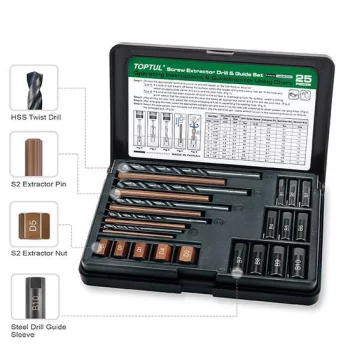 Набір екстракторів, свердел і напрямних для вилучення зламаних різьбових гвинтів 25 од. TOPTUL JGEW2501