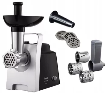 М'ясорубка Tefal HV1 7in1, 1400Вт, 1.7кг/хв, 3 решітки, насадка для ковбас, 3 терки, пластик, чорно-сріб.