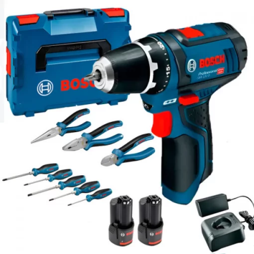 Шурупокрут-дриль акумуляторний Bosch Professional GSR 12V-15 2х2А·год 30Нм 400·1300об/хв 0.89кг GAL 12V-20 + набір ручного інструменту