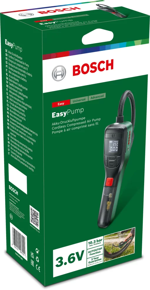 Компресор автомобільний акумуляторний Bosch EasyPump, 3.6 В, 3 Ач, 10.3 бар, 10 л/хв, 0.4кг