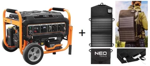 Генератор бензиновий Neo Tools 230В, 2.8/3кВт, електростартер, 45кг + Портативний зарядний пристрій сонячна панель 90-140