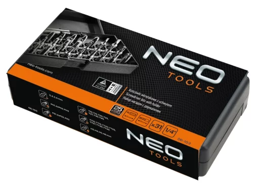 Біти Neo Tools, 1/4", бітотримач, SL,PH,PZ,H,T,TT, 25мм, сталь S2, кейс, 31шт