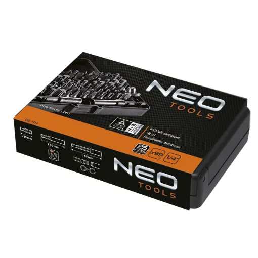 Біти Neo Tools, 1/4", тримачі 2шт, перехідники 3шт, SL,PH,PZ,H,T,TT, 25мм, сталь S2, кейс, набір 99шт