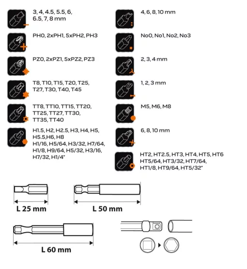 Біти Neo Tools, 1/4", тримачі 2шт, перехідники 3шт, SL,PH,PZ,H,T,TT, 25мм, сталь S2, кейс, набір 99шт