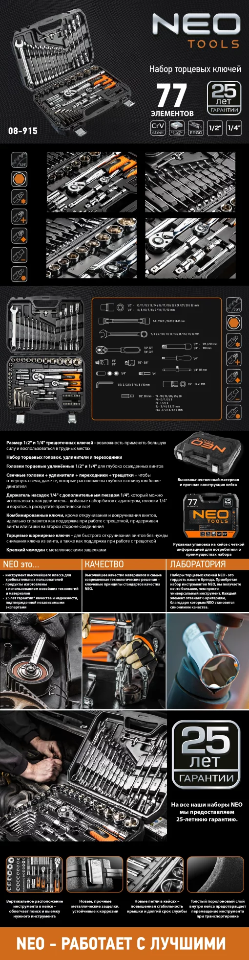 Набір інструментів Neo Tools, набір торцевих головок 1/2", 3/8", 28шт