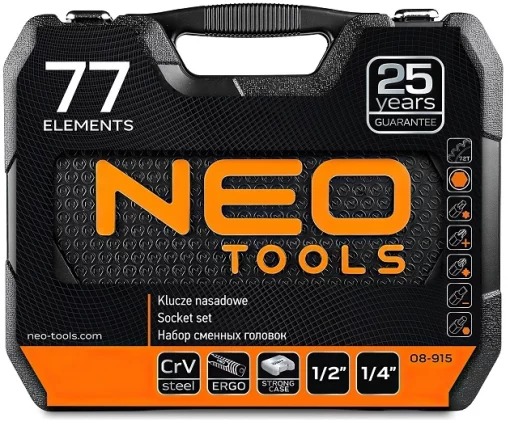 Набір інструментів Neo Tools, 1/2", 1/4", CrV, 77шт