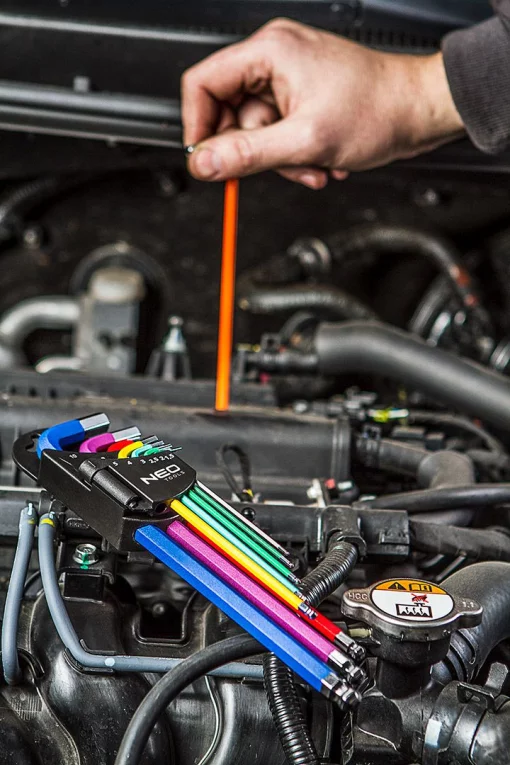 Ключі шестигранні Neo Tools, кулястий наконечник, кольорові, сталь S2, 1.5-10мм, набір 9шт