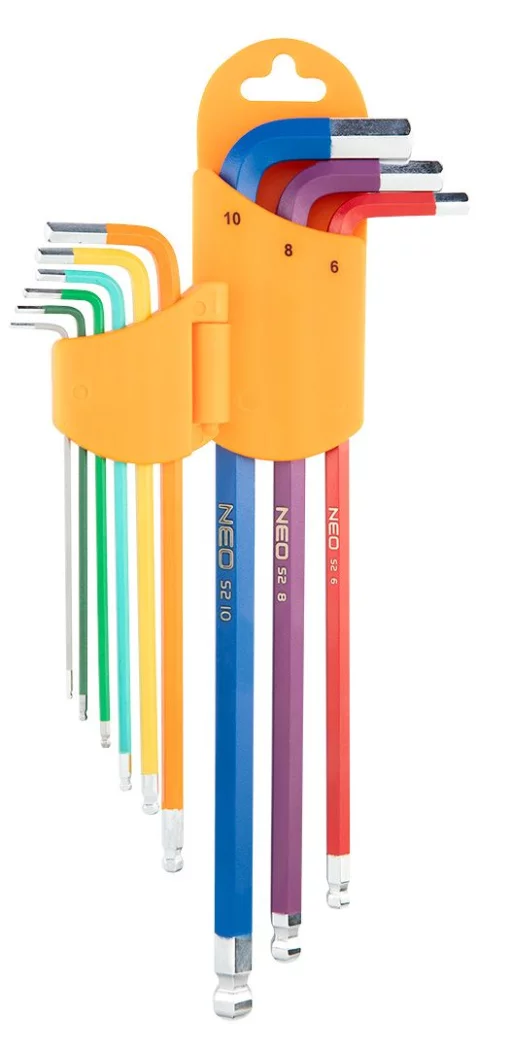 Ключі шестигранні Neo Tools, кулястий наконечник, кольорові, сталь S2, 1.5-10мм, набір 9шт