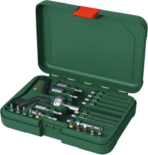 Викрутка Bosch з тріскачкою, Т-подібне руків'я, 20 насадок, 109мм, кейс, сталь CrV