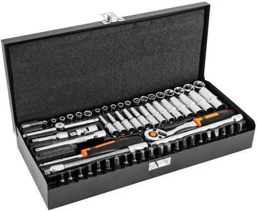 Набір інструментів Neo Tools, набір торцевих головок, 1/4", CrV, металевий кейс, 63шт