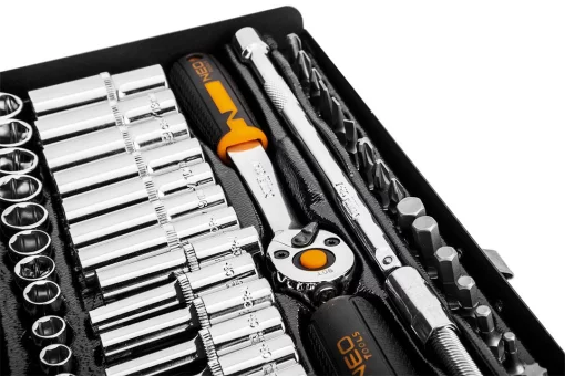 Набір інструментів Neo Tools, набір торцевих головок, 1/4", CrV, металевий кейс, 63шт