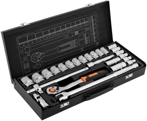 Набір інструментів Neo Tools, набір торцевих головок, 1/2", CrV, металевий кейс, 25шт