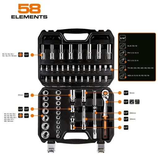 Набір інструментів Neo Tools, набір торцевих головок, 1/2", CrV, кейс, 58шт