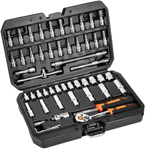 Набір інструментів Neo Tools, Набір торцевих головок, 1/2", 1/4", CrV, кейс, 73шт