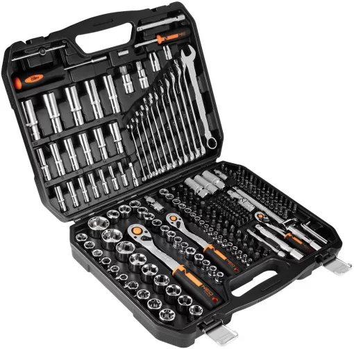Набір інструментів Neo Tools, 1/2", 1/4", 3/8", CrV, кейс, 219шт
