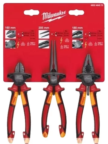Набір інструмента шарнирно-губцевого діелектричного (пасатижі, бокорізи, довгогубці) VDE MILWAUKEE (3шт)