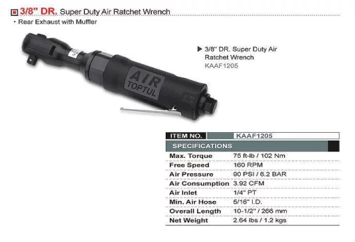 Кутовий пневмогайковерт (пневмотрещотка) 3/8" TOPTUL 102N/m 160об/хв KAAF1205
