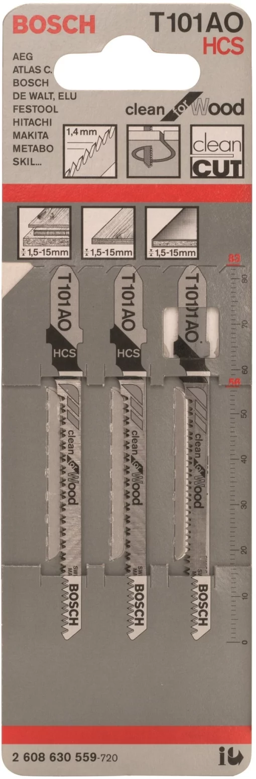 Полотно пиляльне для електролобзика Bosch Professional по дереву T 101 AO, 1.4х83мм, 3шт