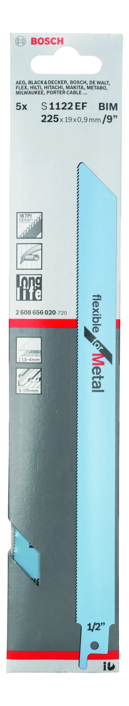 Полотно пиляльне для шабельної пилки Bosch Professional по металу, S 1122 EF, 18TPI, 5шт