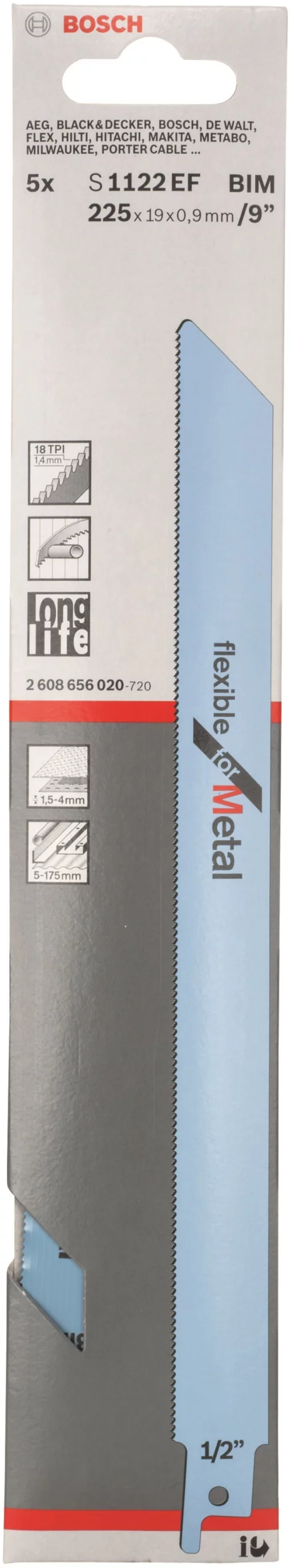 Полотно пиляльне для шабельної пилки Bosch Professional по металу, S 1122 EF, 18TPI, 5шт