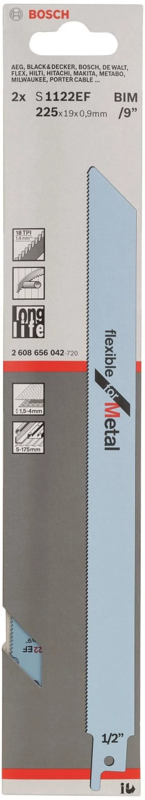 Полотно пиляльне для шабельної пилки Bosch Professional по металу, S 1122 EF, 18TPI, 2шт