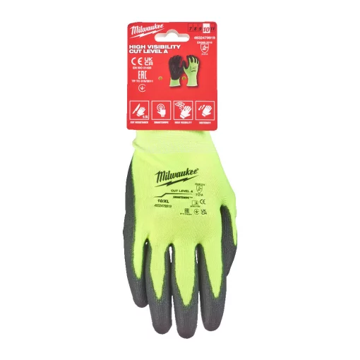 Рукавиці робочі сигнальні Hi-Vis MILWAUKEE, з опором порізам 1/A рівня, розмір 10/XL