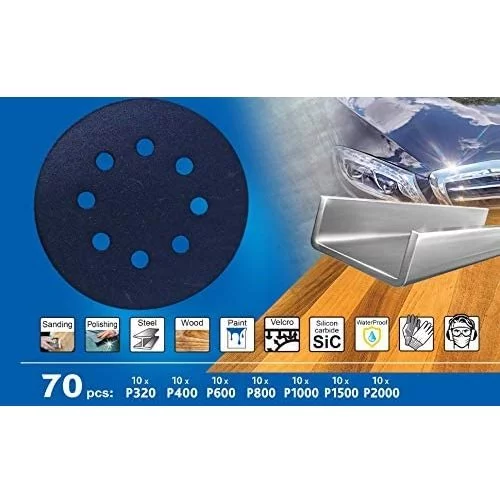 Набір шліфувальних аркушів S&R 125 мм 70 шт 8 отворів вологостійкий