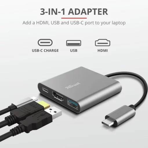 Хаб Trust Dalyx 3-in-1 USB-С > USB-А 3.2/USB-С/HDMI, Алюміній, 0.1м, чорний