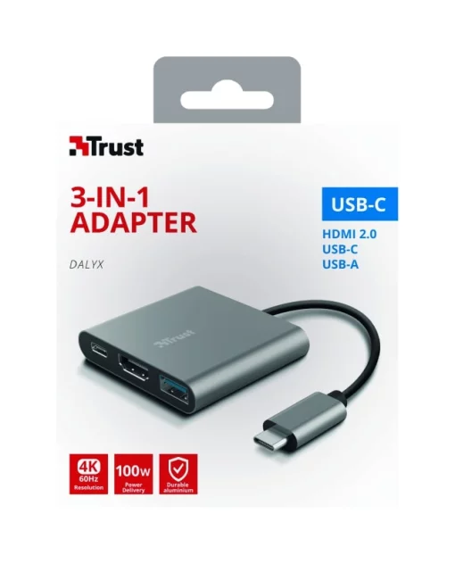 Хаб Trust Dalyx 3-in-1 USB-С > USB-А 3.2/USB-С/HDMI, Алюміній, 0.1м, чорний