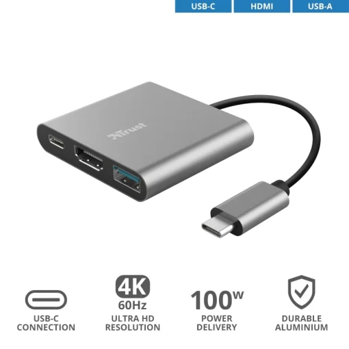 Хаб Trust Dalyx 3-in-1 USB-С > USB-А 3.2/USB-С/HDMI, Алюміній, 0.1м, чорний