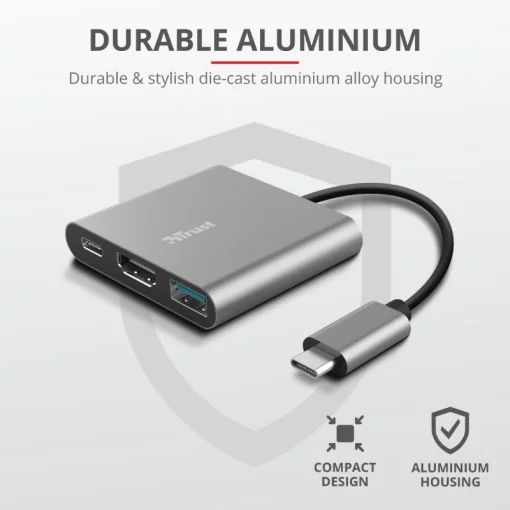 Хаб Trust Dalyx 3-in-1 USB-С > USB-А 3.2/USB-С/HDMI, Алюміній, 0.1м, чорний