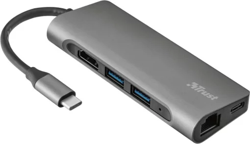 Хаб Trust Dalyx 7-IN-1 USB-С > 2xUSB-А 3.2/USB-С/HDMI/Ehernet/SD/microSD, Алюміній, 0.25м, Сірий