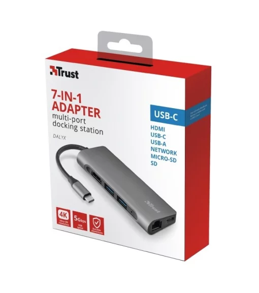 Хаб Trust Dalyx 7-IN-1 USB-С > 2xUSB-А 3.2/USB-С/HDMI/Ehernet/SD/microSD, Алюміній, 0.25м, Сірий