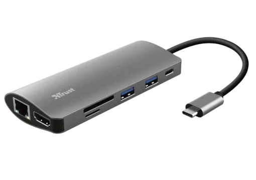 Хаб Trust Dalyx 7-IN-1 USB-С > 2xUSB-А 3.2/USB-С/HDMI/Ehernet/SD/microSD, Алюміній, 0.25м, Сірий