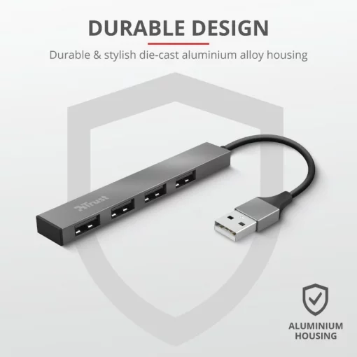Хаб Trust Halyx USB-A > 4xUSB-А, Алюміній, 0.1м, Сірий