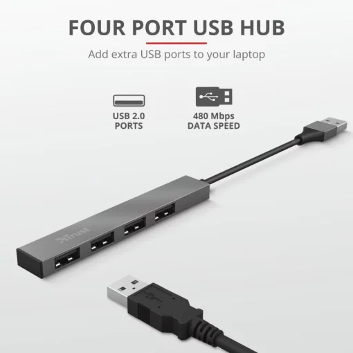 Хаб Trust Halyx USB-A > 4xUSB-А, Алюміній, 0.1м, Сірий