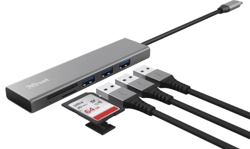 Хаб Trust Halyx USB-С > 3xUSB-А 3.2/SD/microSD, Алюміній, 0.15м, Сірий