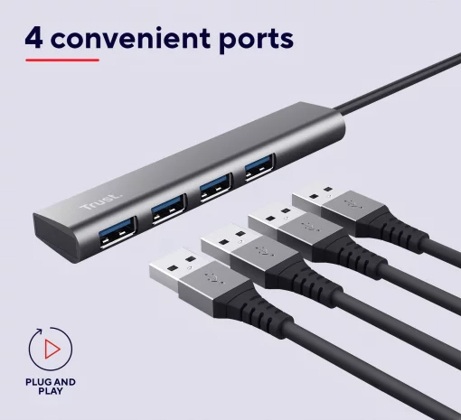 Хаб Trust Halyx USB-A > 4xUSB-А 3.2, Алюміній, 0.1м, Сірий