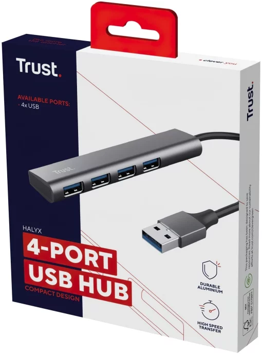 Хаб Trust Halyx USB-A > 4xUSB-А 3.2, Алюміній, 0.1м, Сірий
