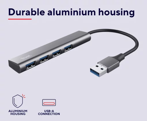 Хаб Trust Halyx USB-A > 4xUSB-А 3.2, Алюміній, 0.1м, Сірий