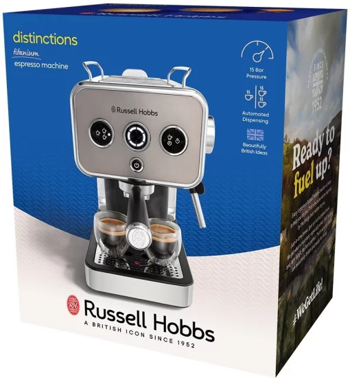 Кавоварка Russell Hobbs ріжкова Distinctions Titanium 1.1л, мелена + чалди, сріблястий