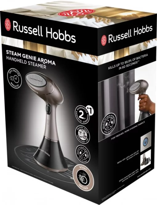 Відпарювач Russell Hobbs компактний Steam Genie Aroma, 1800Вт, 200мл, постійна пара - 32гр, керам. підошва, чорно-коричневий