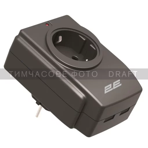 Мережевий адаптер 2E 1XSchuko із захистом від сплесків напруги, 2*USB-A, чорний