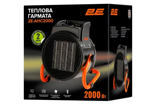 Теплова гармата електрична 2E Ceramic, 2кВт, 20м2, 197м3/год, керамічний нагрів. елемент (PTC), чорний, 1.55кг